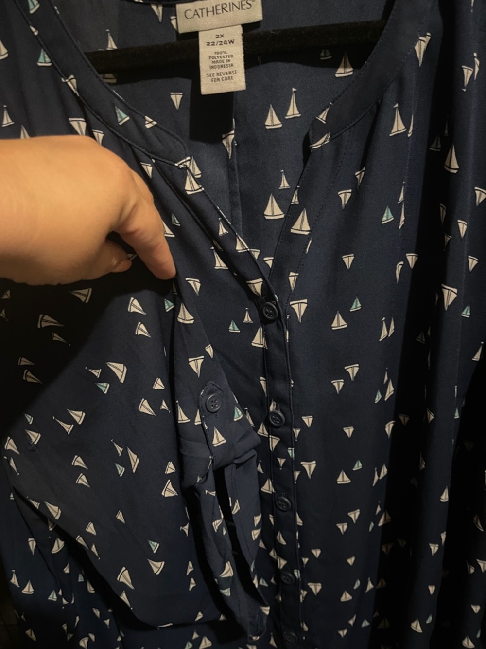 Catherines Navy Sailboat-Print Button Front Top - Picture 2 of 3